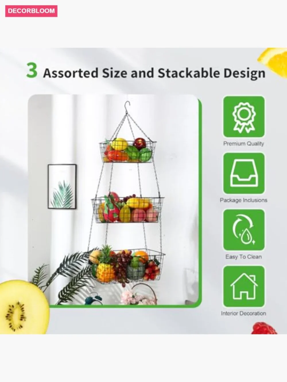 3 Tier Hanging Fruit Basket Square 35.4 Inch Heavy Duty Wire Organizer with